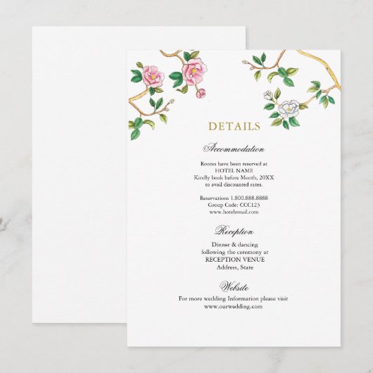 Waterverf Floral Chinoiserie trouwgegevens Informatiekaartje (Voorkant / Achterkant)
