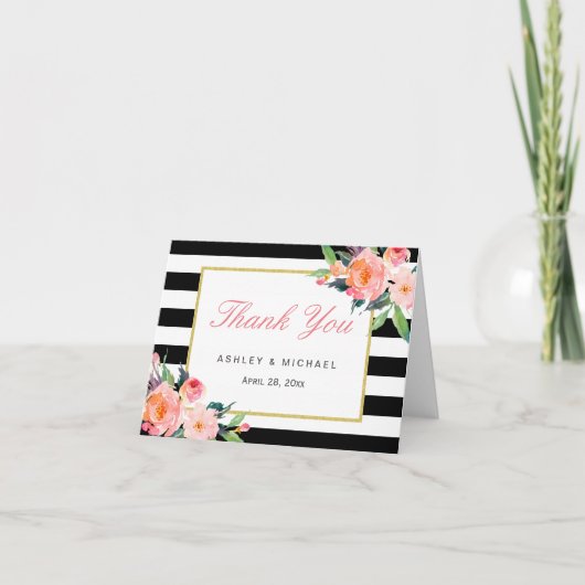 Waterverf Floral Classic Black Stripes Hartelijk d Bedankkaart (Voorkant)