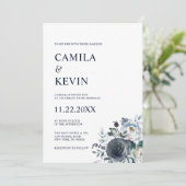 Waterverf Floral Classic Navy Blue Bruiloft Kaart (Staand voorkant)