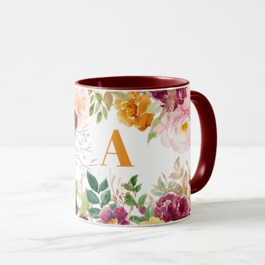 Waterverf floral classy elegant oranje monogram mok (Voorkant rechts)