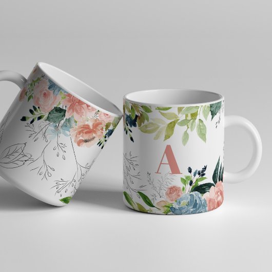 Waterverf floral classy elegant roze monogram mok