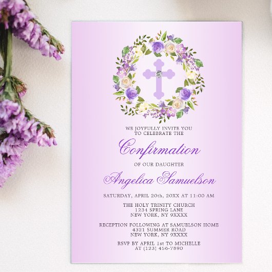 Waterverf Floral CONFIRMATION Paars Lavender Kaart