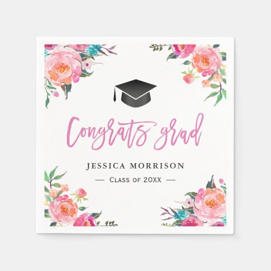 Waterverf Floral Congrats Afstudeerder Graduation  Servet (Voorkant)