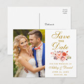 Waterverf Floral Coral Gold Foto Opslaan De Datum Briefkaart (Voorkant / Achterkant)