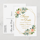 Waterverf Floral Coral Gold Lijst Save the Date Aankondigingskaart (Voorkant / Achterkant)