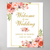 Waterverf Floral Coral Gold Wedding Welkom Poster (Voorkant)