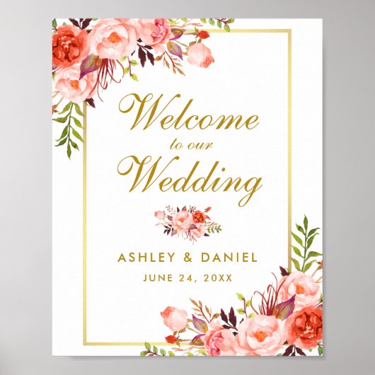 Waterverf Floral Coral Gold Wedding Welkom Poster (Voorkant)