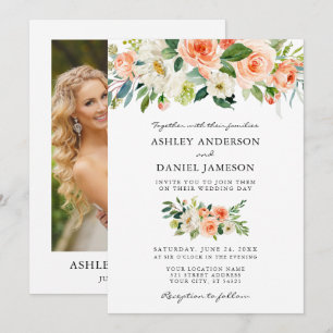 Waterverf Floral Coral Greenery Foto Wedding Kaart
