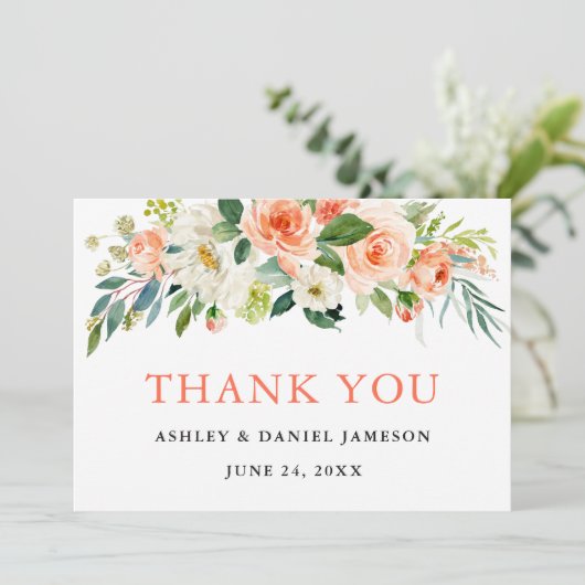 Waterverf Floral Coral Wedding Bedankkaart (Staand voorkant)