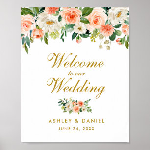 Waterverf Floral Coral Wedding Welkom Gold Poster