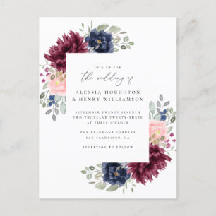 Waterverf Floral Corners Wedding Burgundy & Navy Uitnodiging Briefkaart