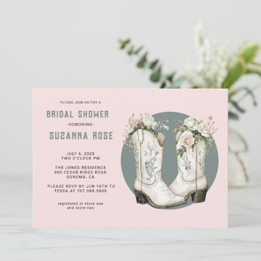 Waterverf Floral Cowgirl Laarzen Roze Vrijgezellen Kaart (Staand voorkant)