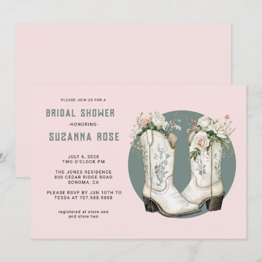 Waterverf Floral Cowgirl Laarzen Roze Vrijgezellen Kaart (Voorkant / Achterkant)