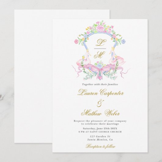 Waterverf Floral Crest Huwelijksuitnodiging Kaart (Voorkant / Achterkant)