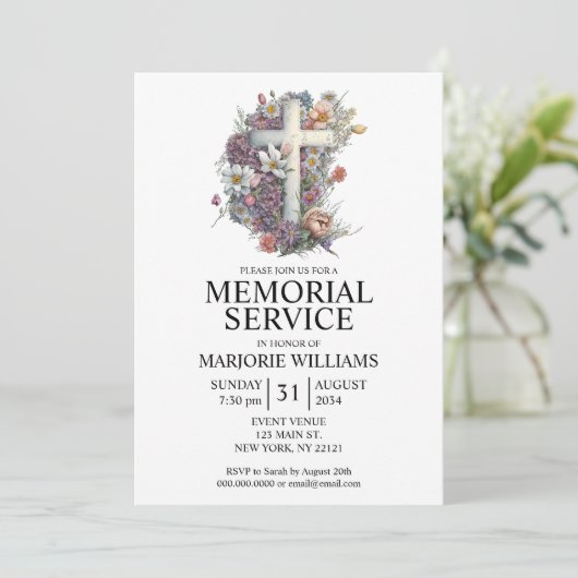 Waterverf Floral Cross Elegant Memorial Service Kaart (Staand voorkant)