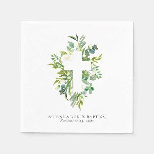 Waterverf Floral Cross Greenery Baptisme Servet (Voorkant)