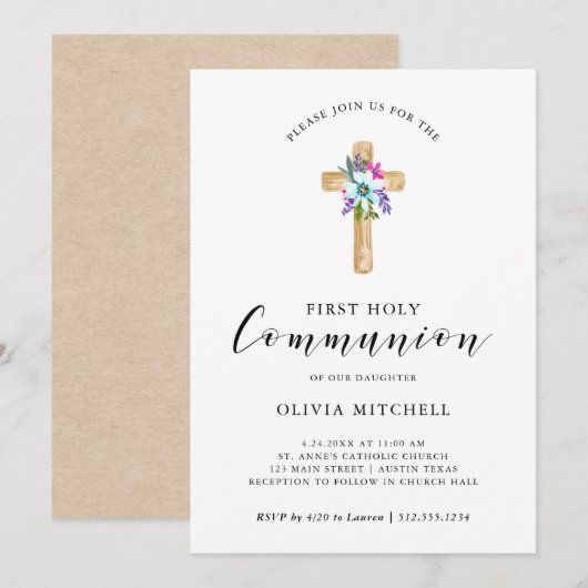 Waterverf Floral Cross Kraft eerste communie Kaart (Voorkant / Achterkant)