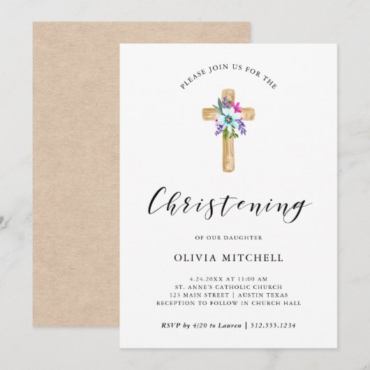 Waterverf Floral Cross Kraft Kijk | Christening Kaart (Voorkant / Achterkant)