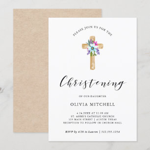 Waterverf Floral Cross Kraft Kijk Christening Kaart