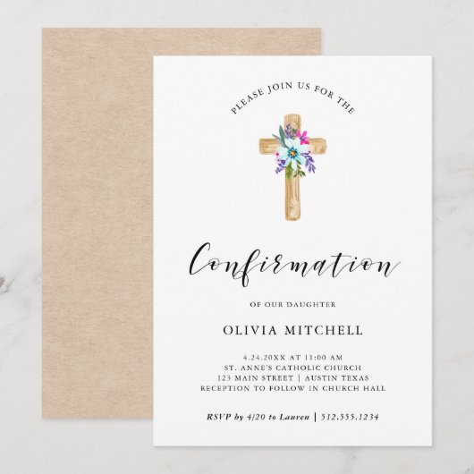 Waterverf Floral Cross Kraft Look | Confirmation!R Kaart (Voorkant / Achterkant)
