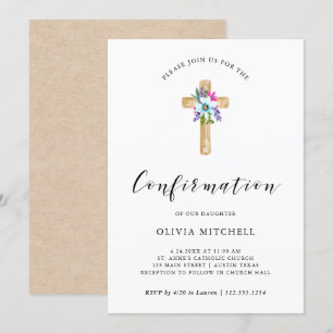 Waterverf Floral Cross Kraft Look   Confirmation!R Kaart