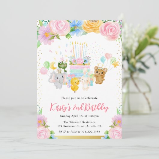 Waterverf Floral Cute Animal Friends Birthday Kaart (Staand voorkant)