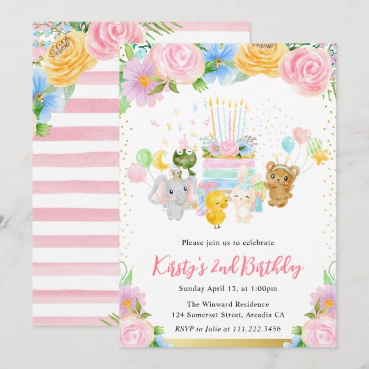 Waterverf Floral Cute Animal Friends Birthday Kaart (Voorkant / Achterkant)