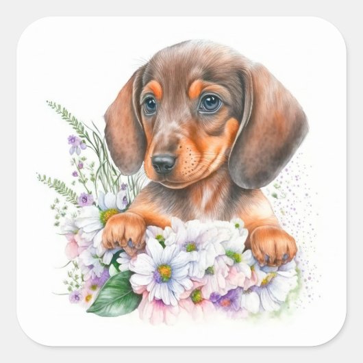 Waterverf Floral Dachshund Puppy Dog Vierkante Sticker (Voorkant)