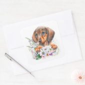 Waterverf Floral Dachshund Puppy Dog Vierkante Sticker (Envelop)