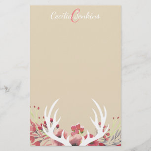 Waterverf Floral Deer Antlers & Name Briefpapier