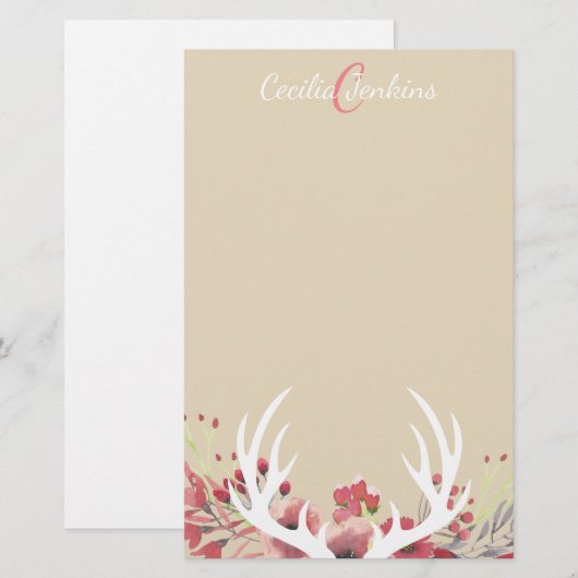 Waterverf Floral Deer Antlers & Name Briefpapier (Voorkant / Achterkant)