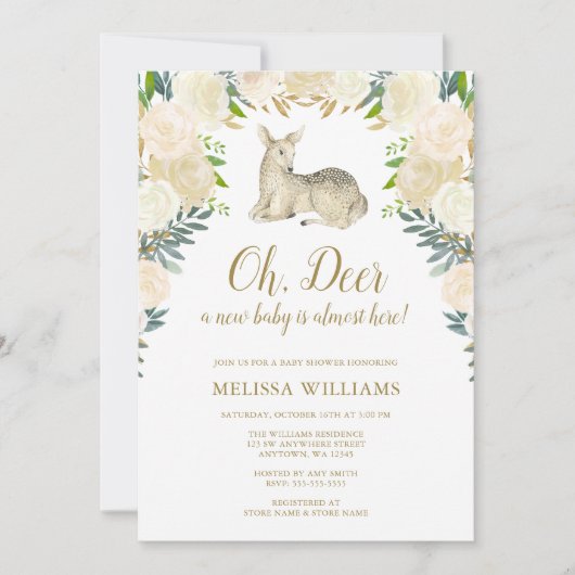Waterverf Floral Deer Baby Shower-uitnodigingen Kaart (Voorkant)