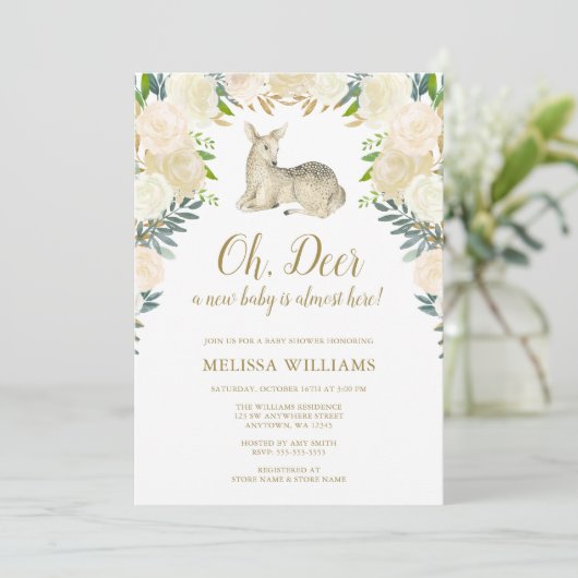 Waterverf Floral Deer Baby Shower-uitnodigingen Kaart (Staand voorkant)