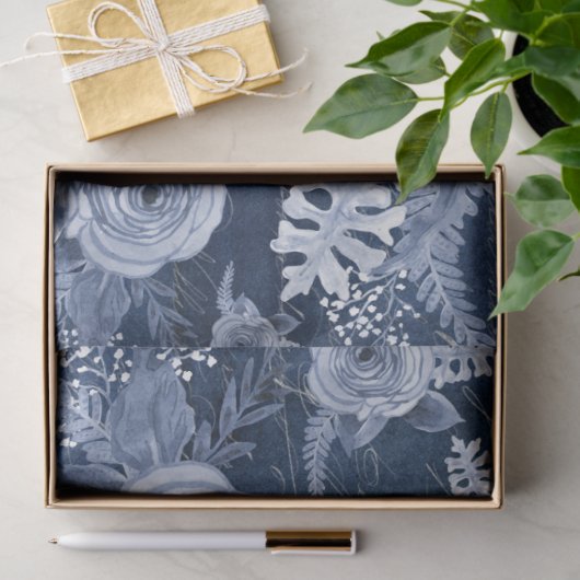 Waterverf Floral Delft Blue Ephemera-ontkoppeling Tissuepapier (Geschenk)