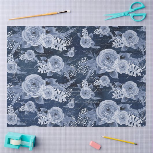 Waterverf Floral Delft Blue Ephemera-ontkoppeling Tissuepapier (Craft)