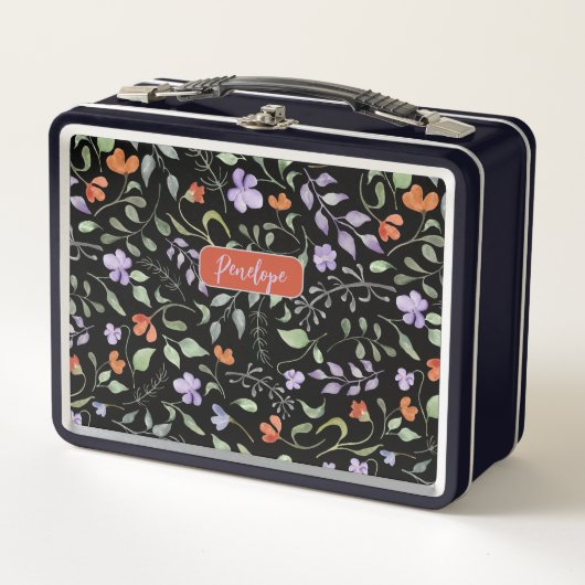 Waterverf Floral Design on Black Metal Lunchbox (Voorkant)