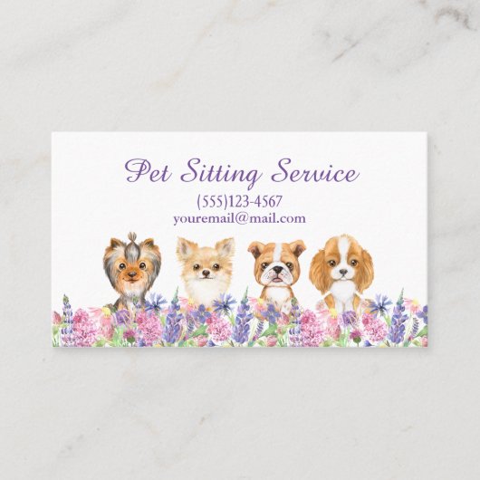 Waterverf Floral Dog Pet Sitting Grooming Service Visitekaartje (Voorkant)