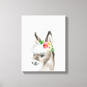 Waterverf Floral Donkey Farmhouse Style Art Canvas Afdruk