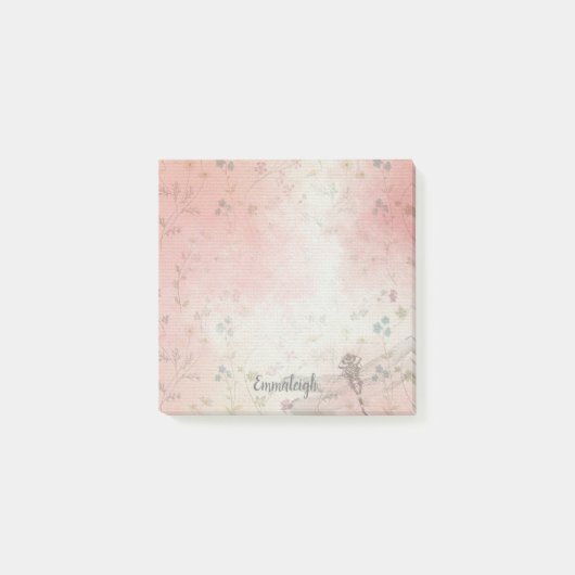 Waterverf Floral Dragonfly Monogram | Roze Groen Post-it® Notes (Voorkant)