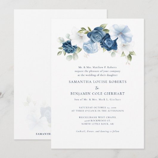 Waterverf Floral Dusty Blue Bloom Bruiloft Kaart (Voorkant / Achterkant)