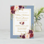 Waterverf Floral Dusty Blue Burgundy Gold Wedding Kaart (Staand voorkant)