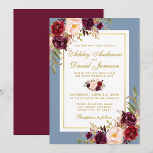 Waterverf Floral Dusty Blue Burgundy Gold Wedding Kaart