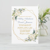 Waterverf Floral Dusty Blue Geo Lijst Wedding Kaart (Staand voorkant)