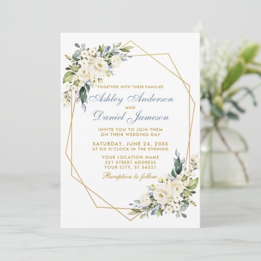Waterverf Floral Dusty Blue Geo Lijst Wedding Kaart (Staand voorkant)