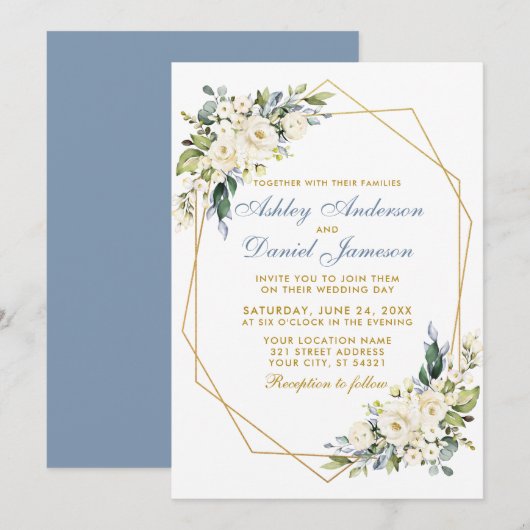 Waterverf Floral Dusty Blue Geo Lijst Wedding Kaart (Voorkant / Achterkant)