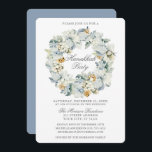 Waterverf Floral Dusty Blue Hanukkah Kaart<br><div class="desc">Elegant Waterverf Winter Floral Wreath Hanukkah Party Invitation. Inclusief mooie witte anemonbloemen,  botanische bladeren en pijnboomkegels. Zilver Script. Dusty Blue Back.</div>