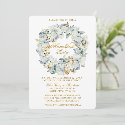 Waterverf Floral Dusty Blue Hanukkah Party Gold Kaart (Staand voorkant)