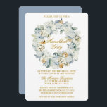 Waterverf Floral Dusty Blue Hanukkah Party Gold Kaart<br><div class="desc">Elegant Waterverf Winter Floral Wreath Hanukkah Party Invitation. Inclusief mooie witte anemonbloemen,  botanische bladeren en pijnboomkegels. Gold Script. Dusty Blue Back.</div>