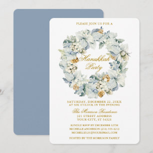 Waterverf Floral Dusty Blue Hanukkah Party Gold Kaart