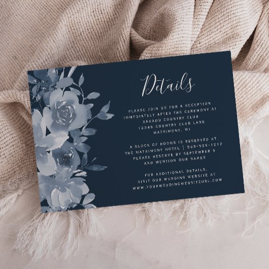 Waterverf Floral Dusty Blue Navy Wedding Details Informatiekaartje